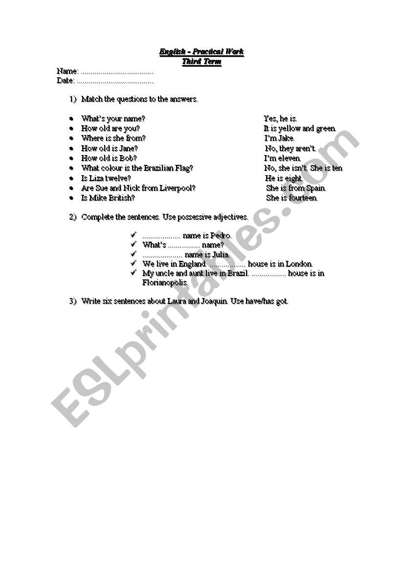 Practical work worksheet