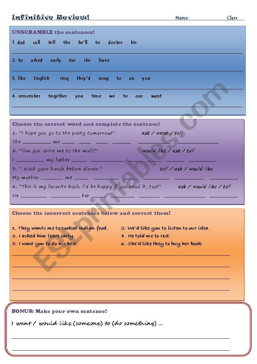 Infinitive Review worksheet