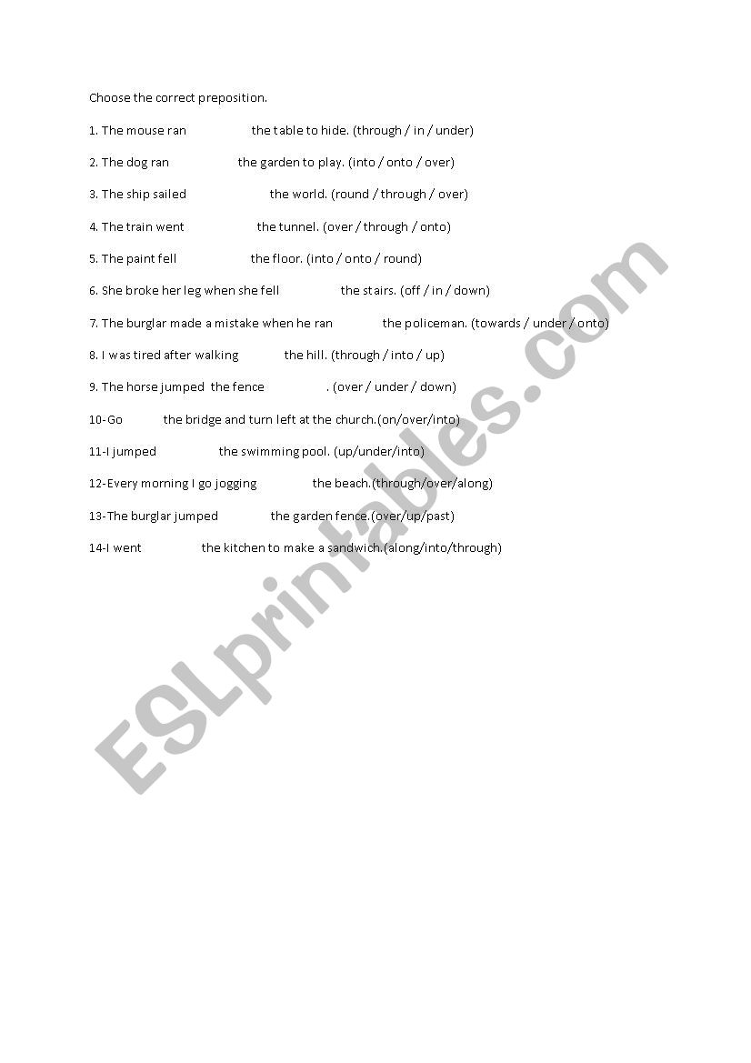 prepositions of movement worksheet