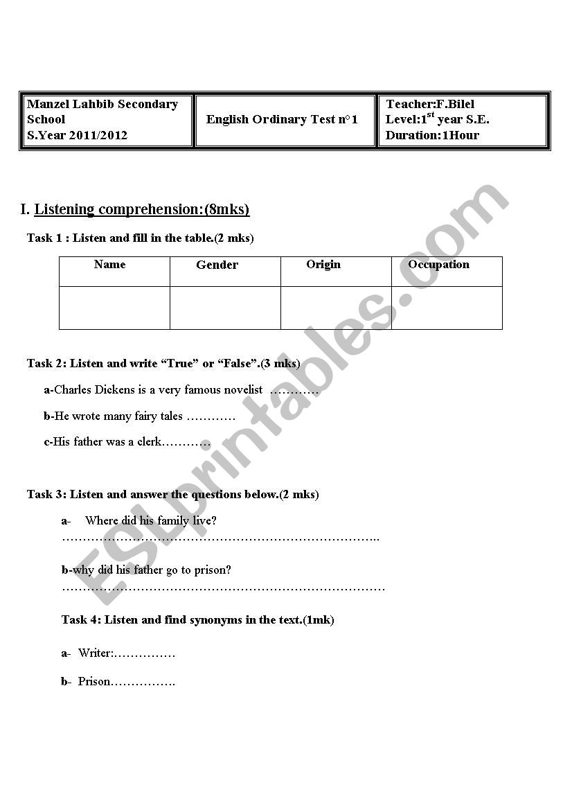 Ordinary test n1 worksheet