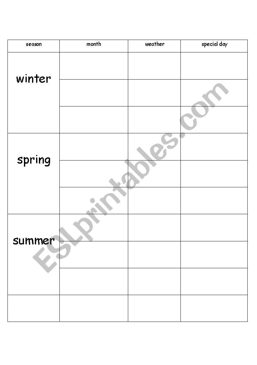 seasons table worksheet