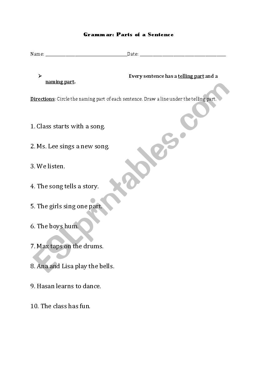 Parts of sentences worksheet