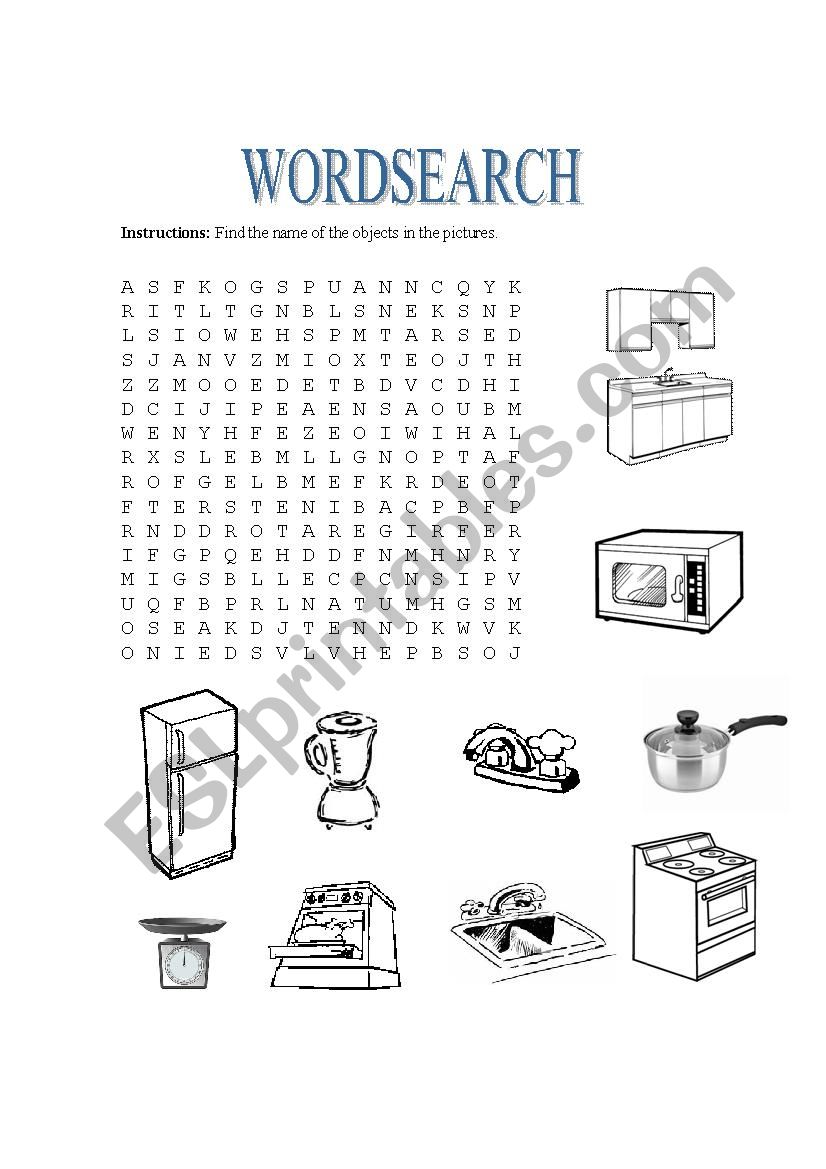 Kitchen vocabulary wordsearch worksheet