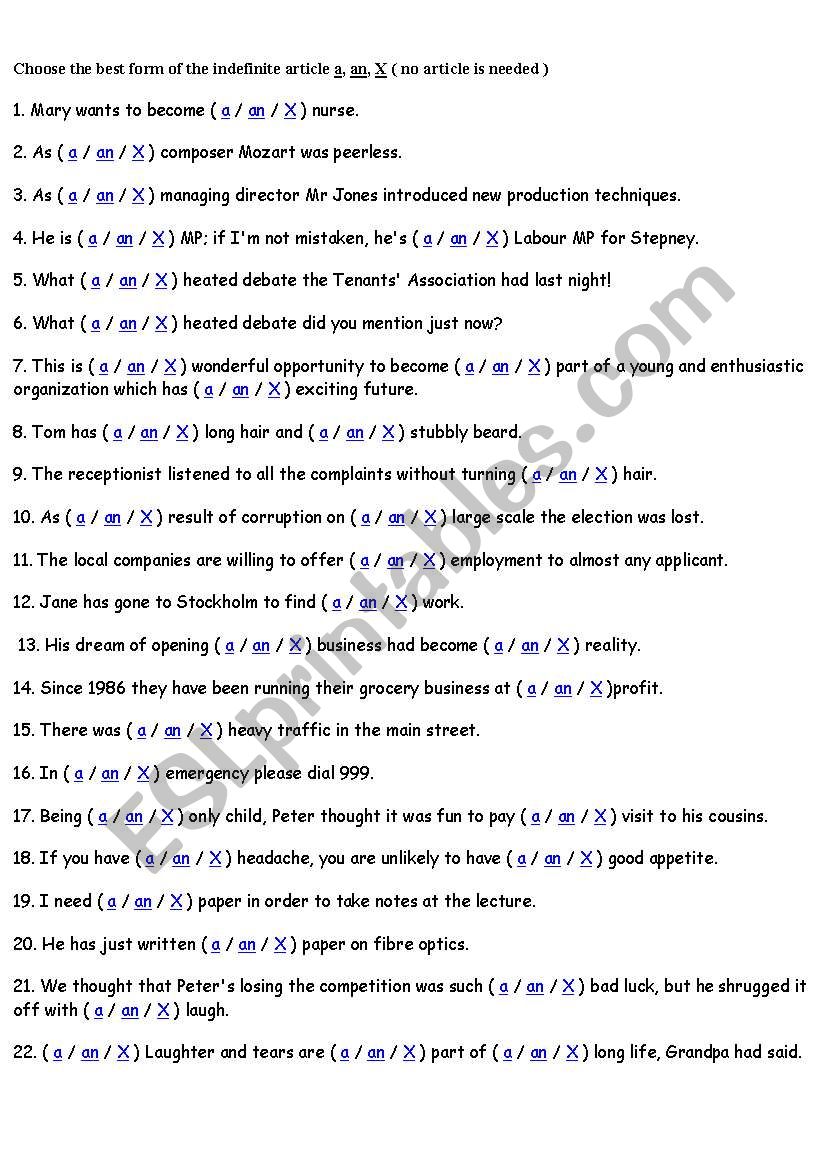 Articles worksheet