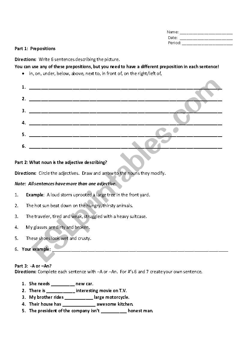 Adjective Test worksheet