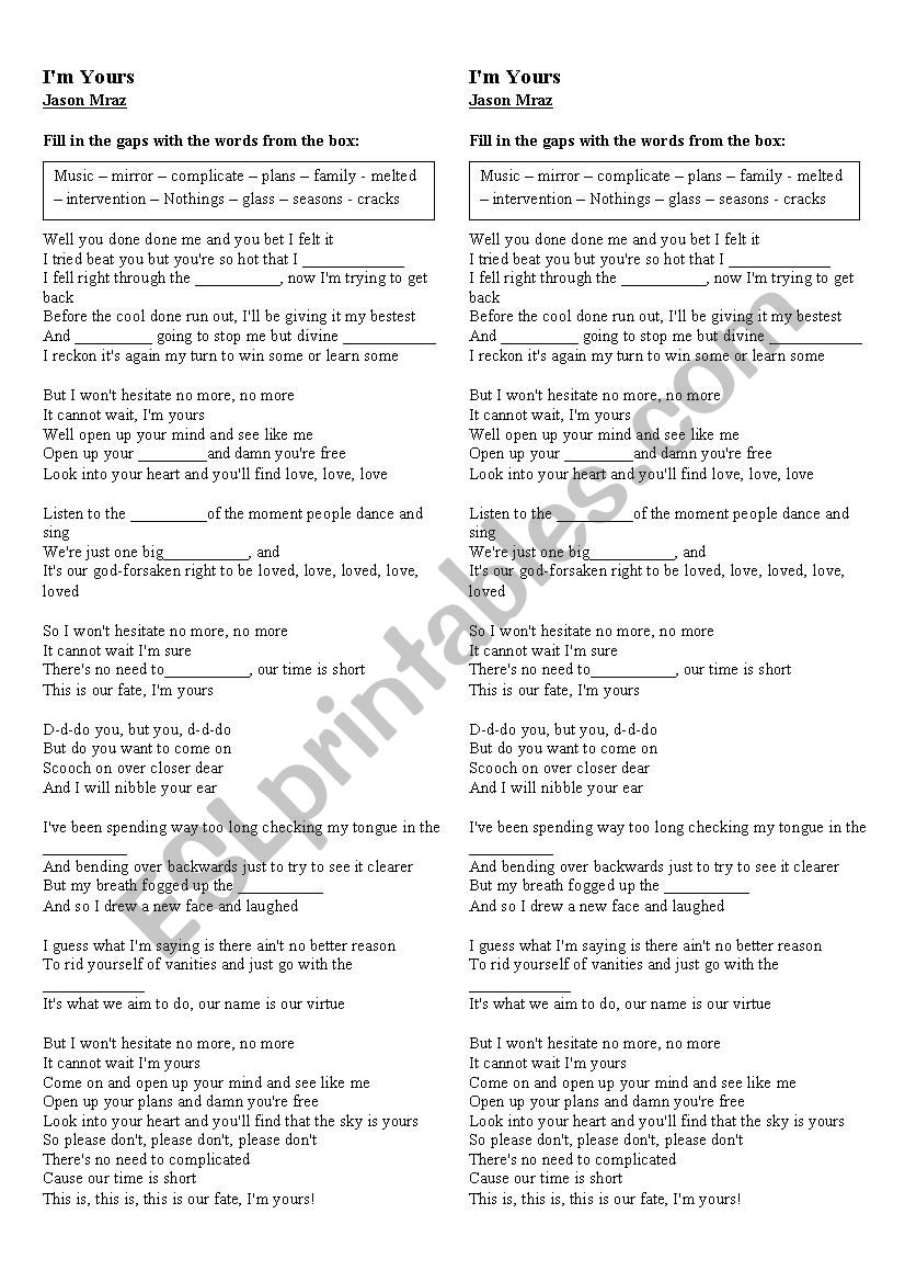 I´m Yours - Jason Mraz - Esl Worksheet By Josivaldoxp