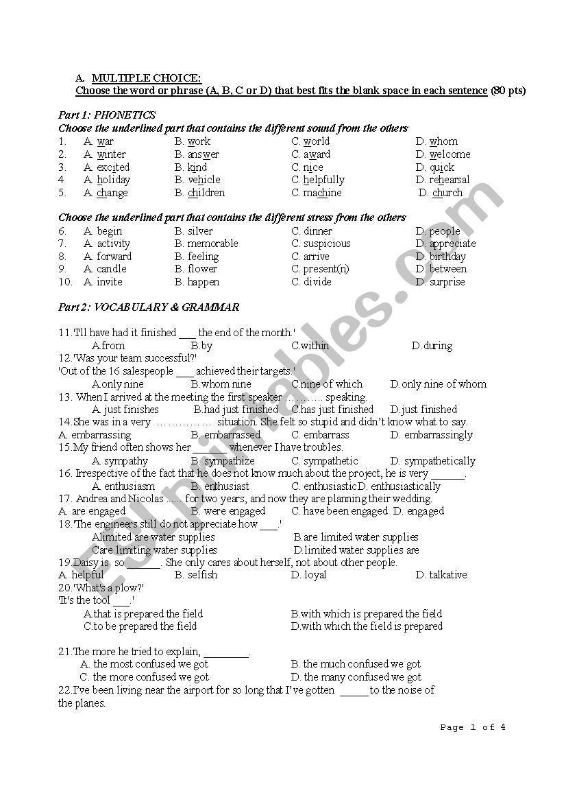 TEST PRACTICE worksheet