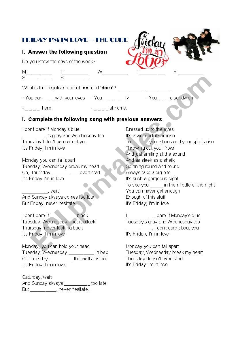 Friday Im in love - The cure worksheet