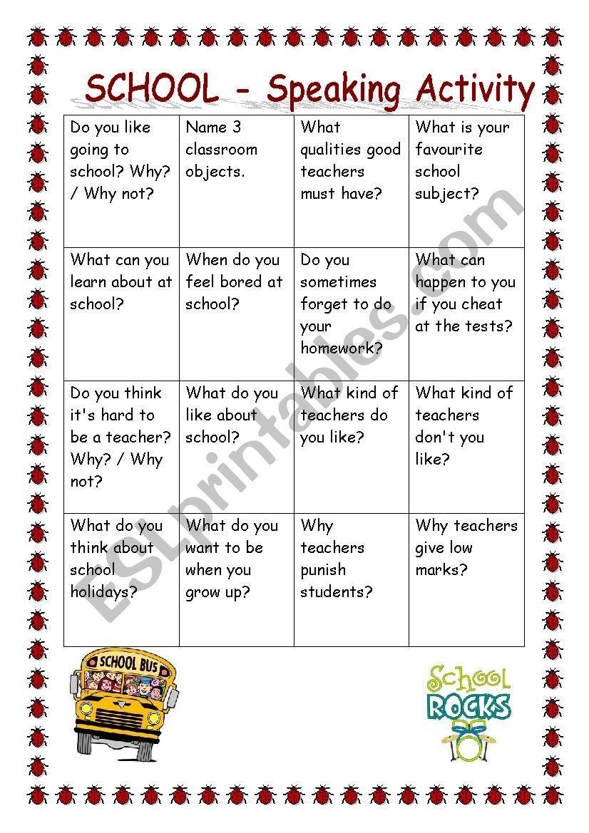 SCHOOL Speaking Activity ESL Worksheet By BlackDevil555