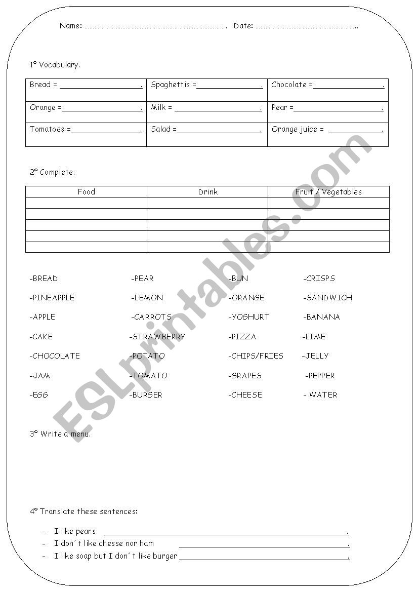 Exam about food worksheet