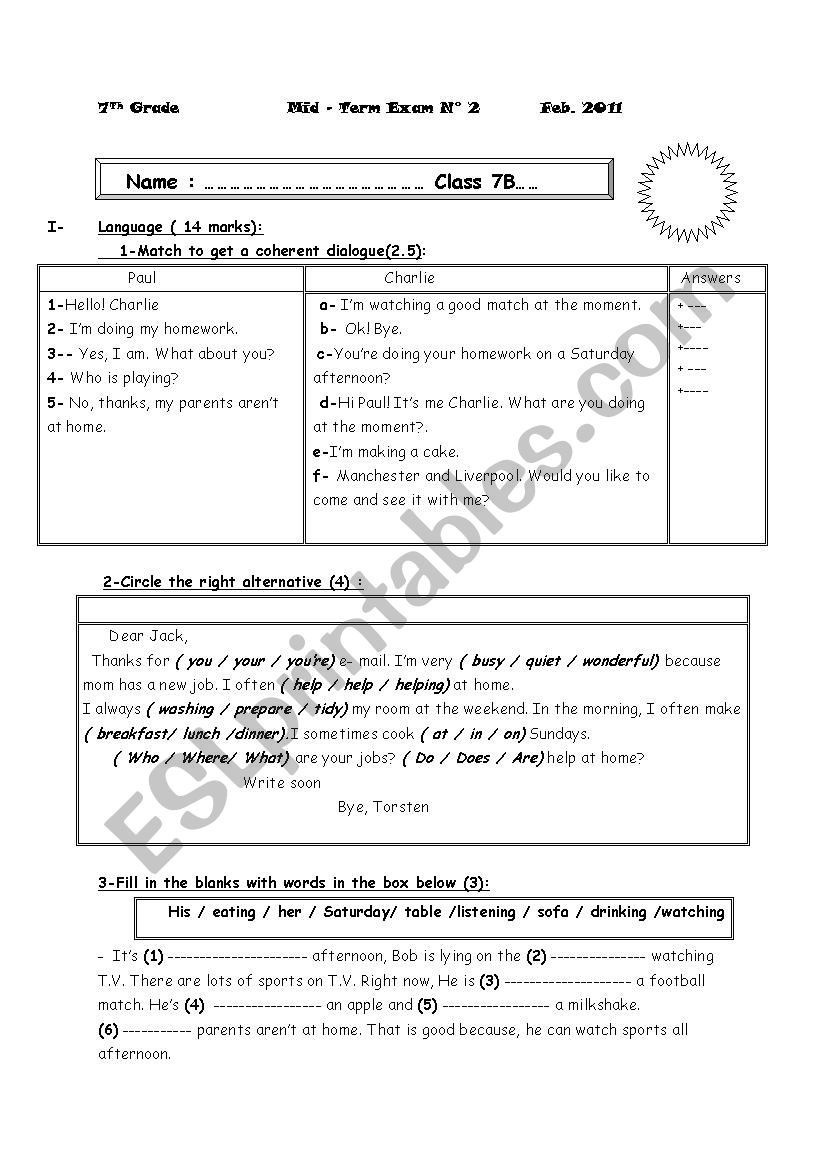 test for 7th grade  worksheet