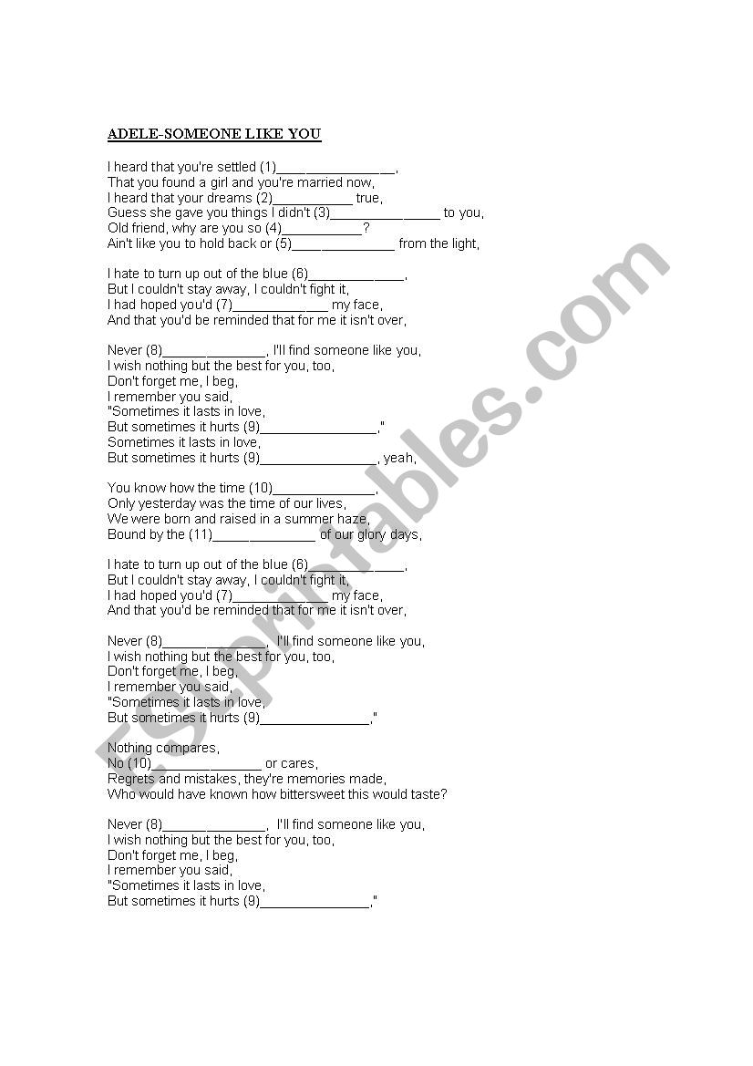 Someone like you-song worksheet