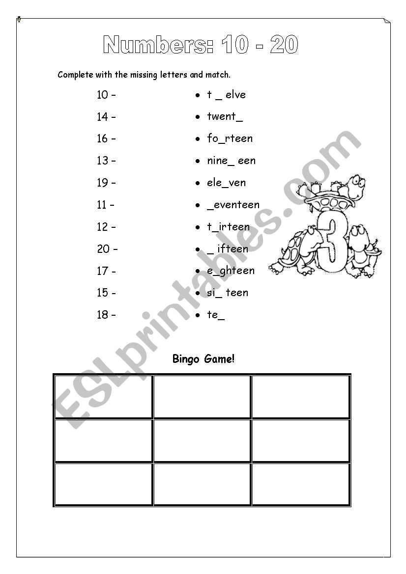 Numbers 10 20 ESL Worksheet By Monialex81