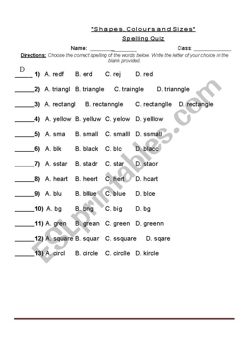shapes, colors and sizes worksheet