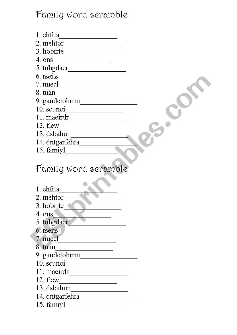 family words scrambel worksheet