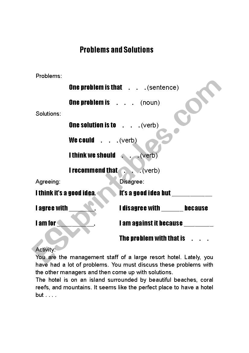 Problems and solutions worksheet