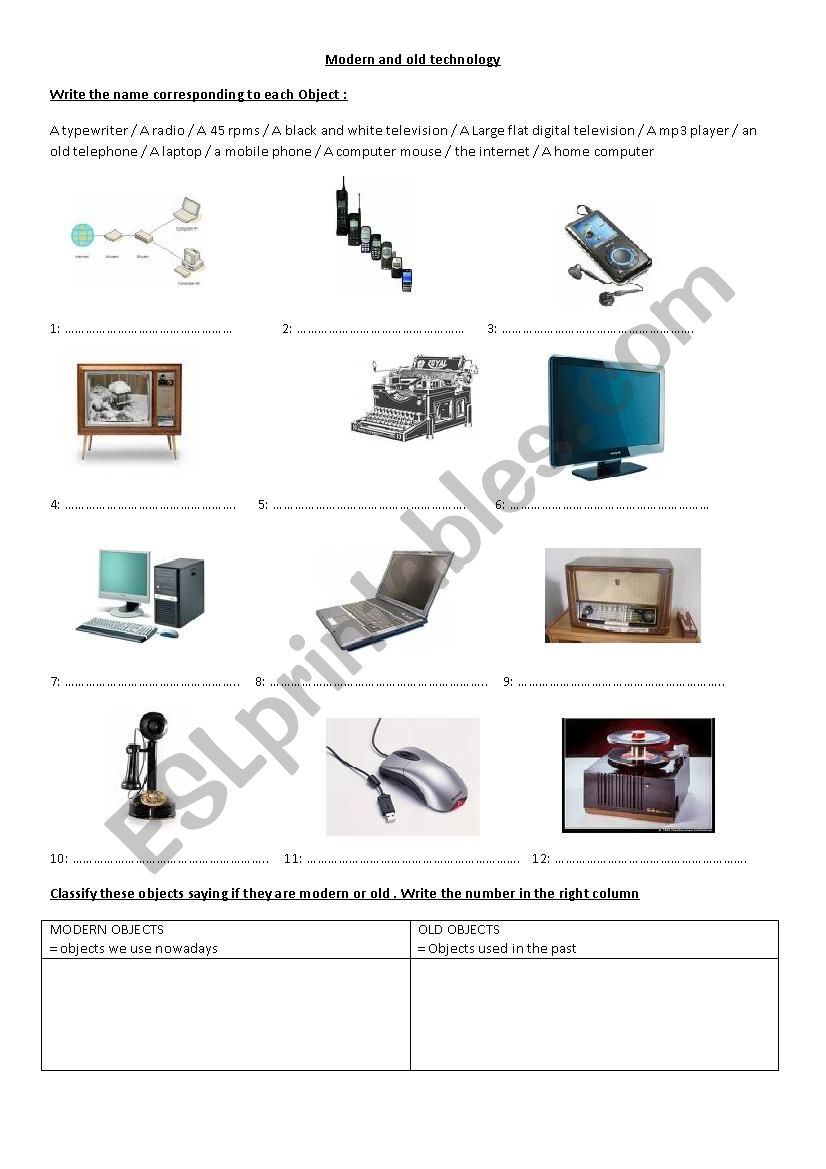 modern and old technology worksheet