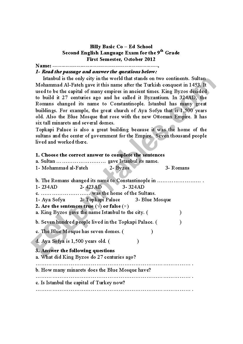 English Language Exam worksheet