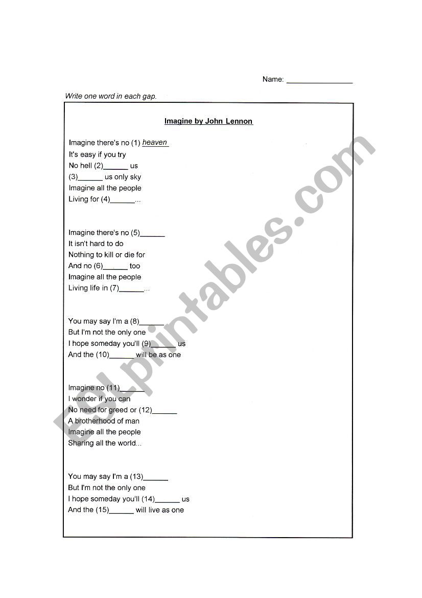 Imagine by John Lennon worksheet