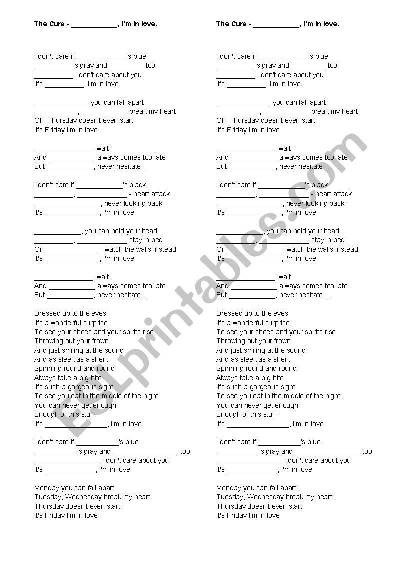 The Cure - Friday, I´m in Love - ESL worksheet by vinicius.chelas