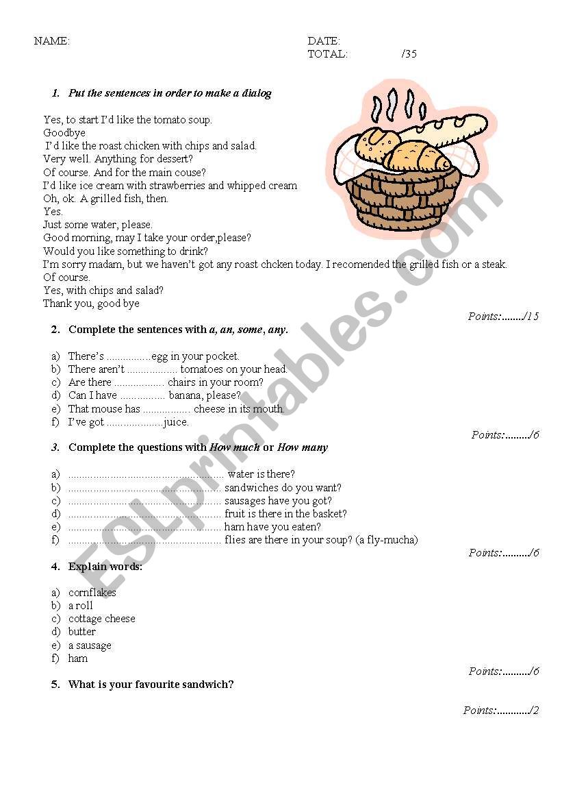 food test worksheet