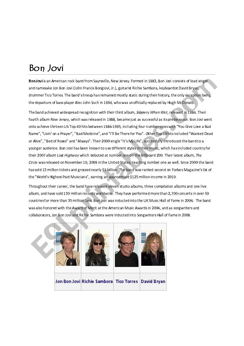 Bon Jovi worksheet