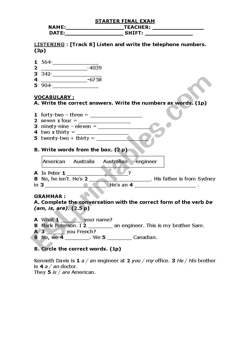 EXAM FOR STARTER LEVEL worksheet