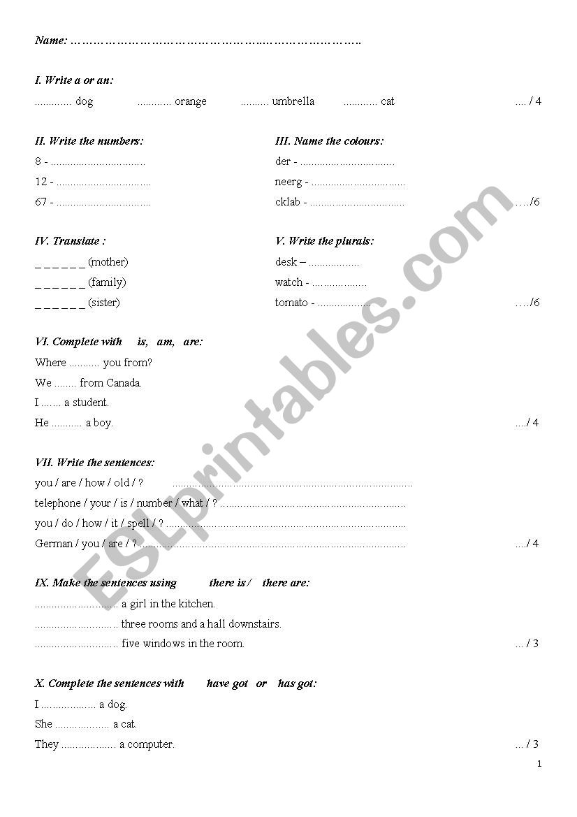 Diagnostic test worksheet