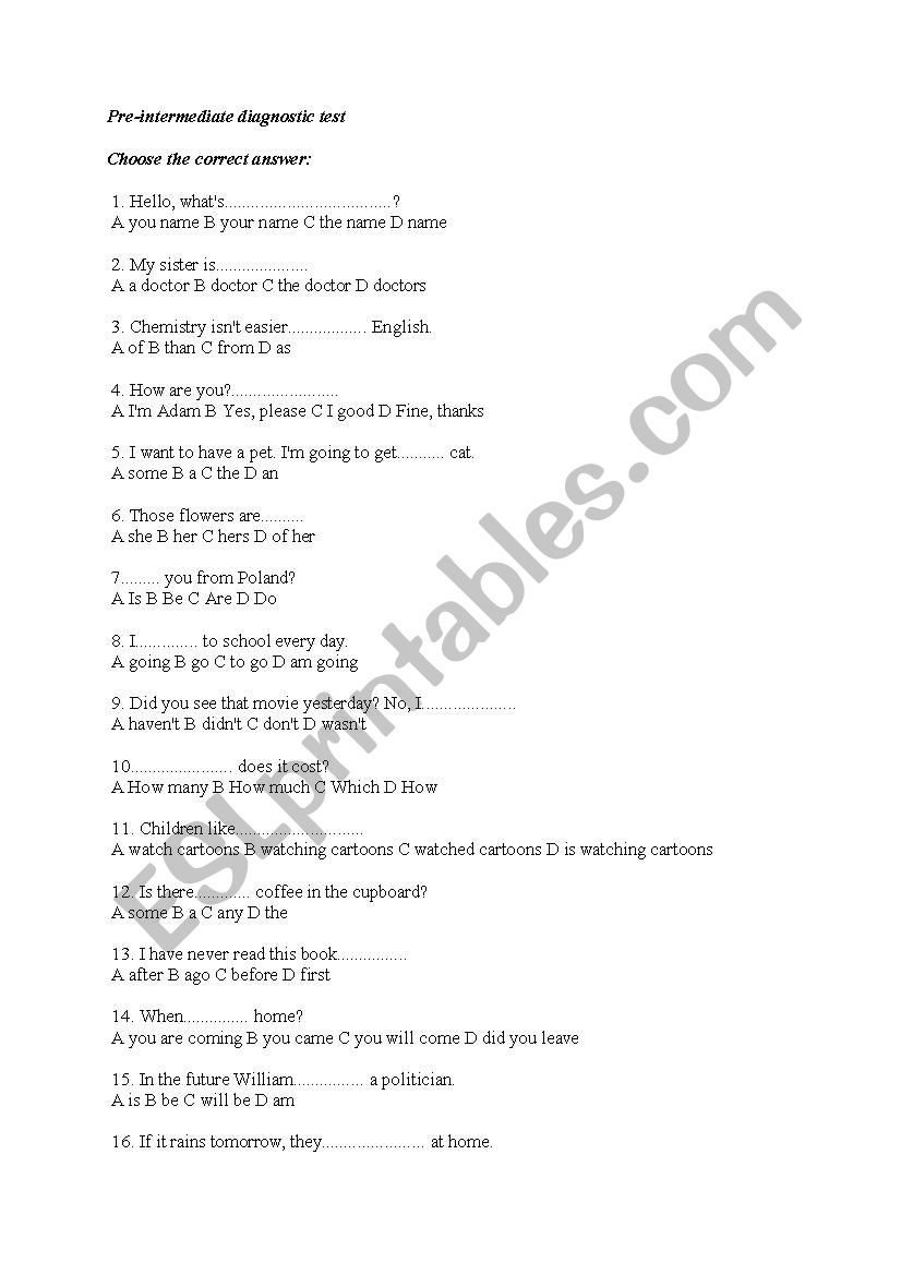 Pre-intermediate diagnostic test