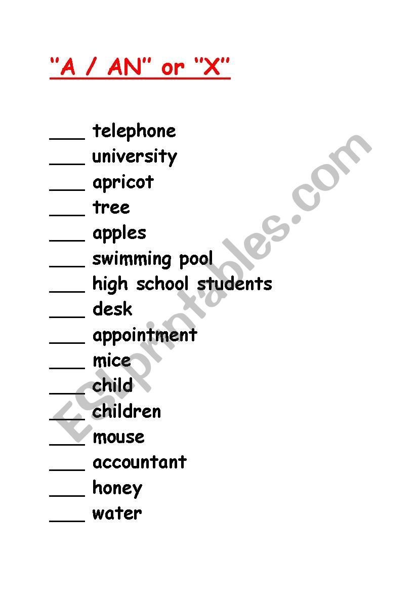 A / AN or Cross (X) worksheet