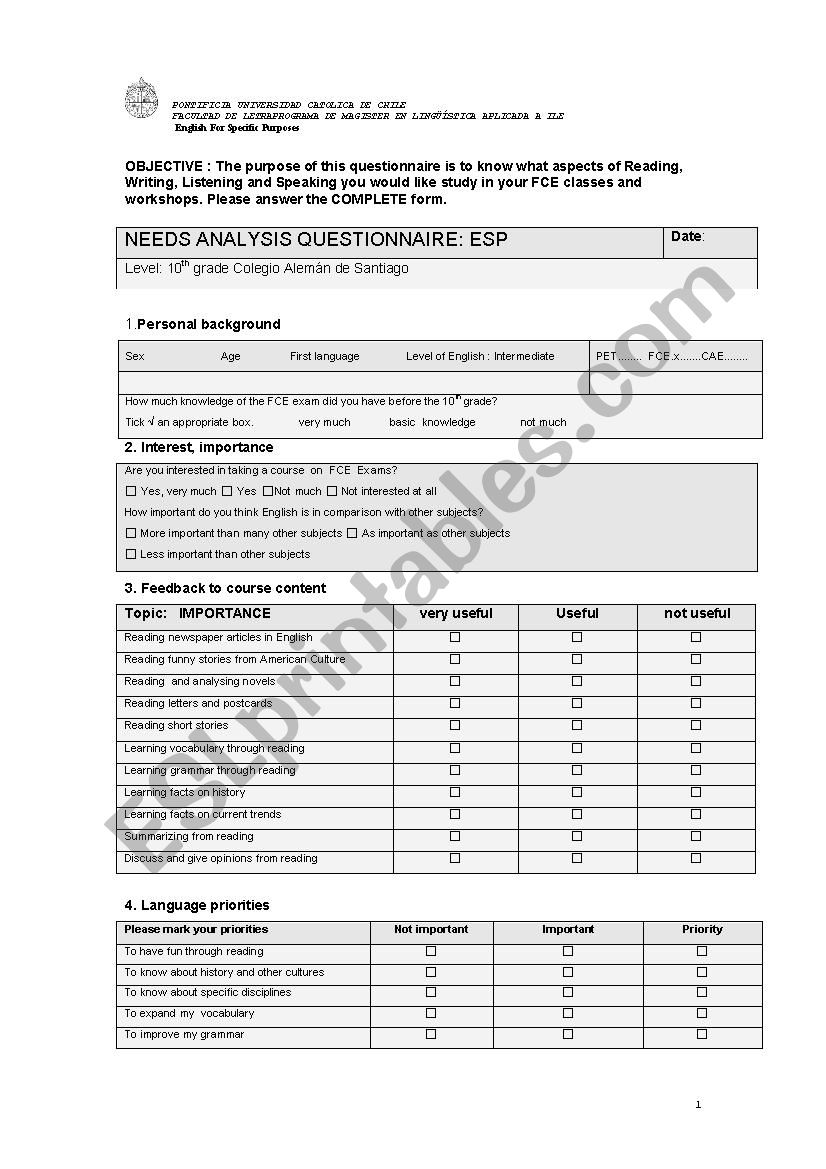 NEEDS ANALYSIS worksheet