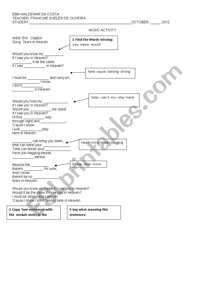 4 Tears in Heaven English ESL worksheets pdf & doc