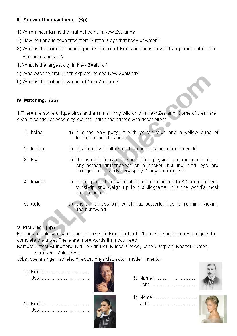 New Zealand worksheet