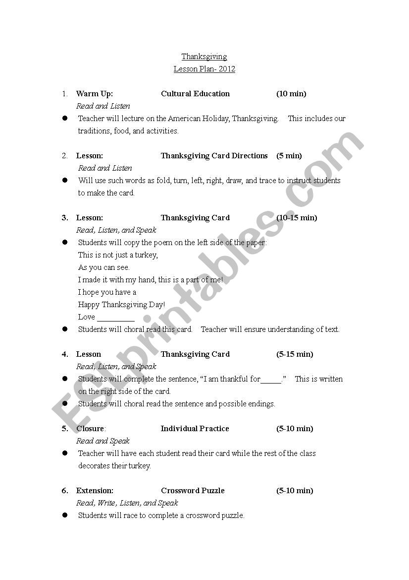 Lesson Plan for Thanksgiving worksheet