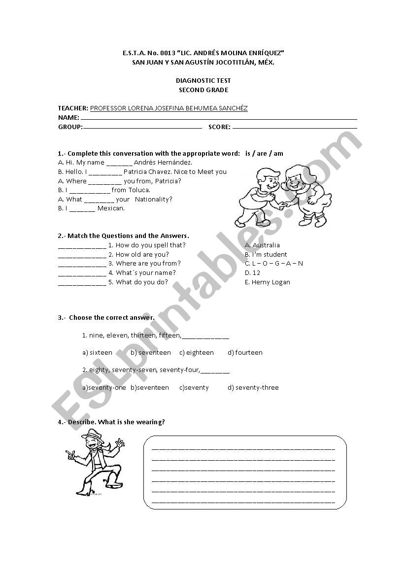 DIAGNOSTIC TEST SECOND GRADE worksheet