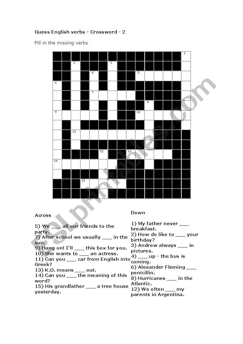 verbs crossword worksheet