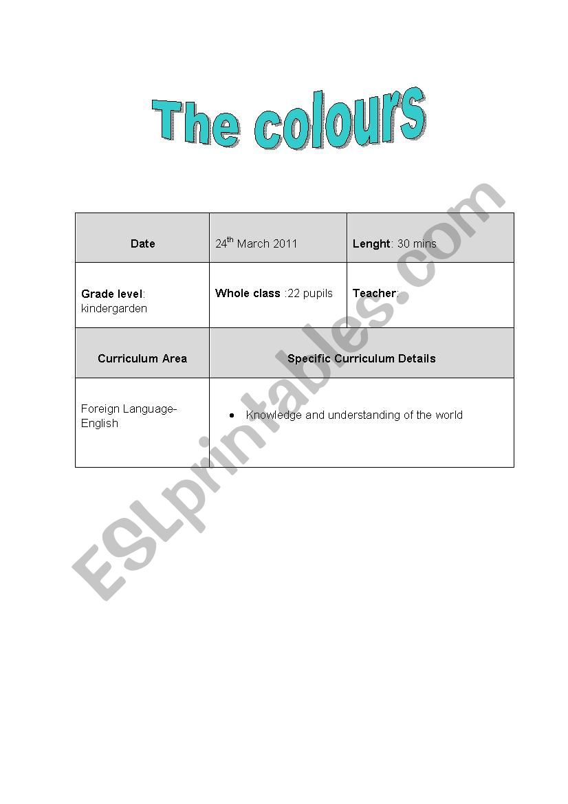lesson plan  the colours worksheet