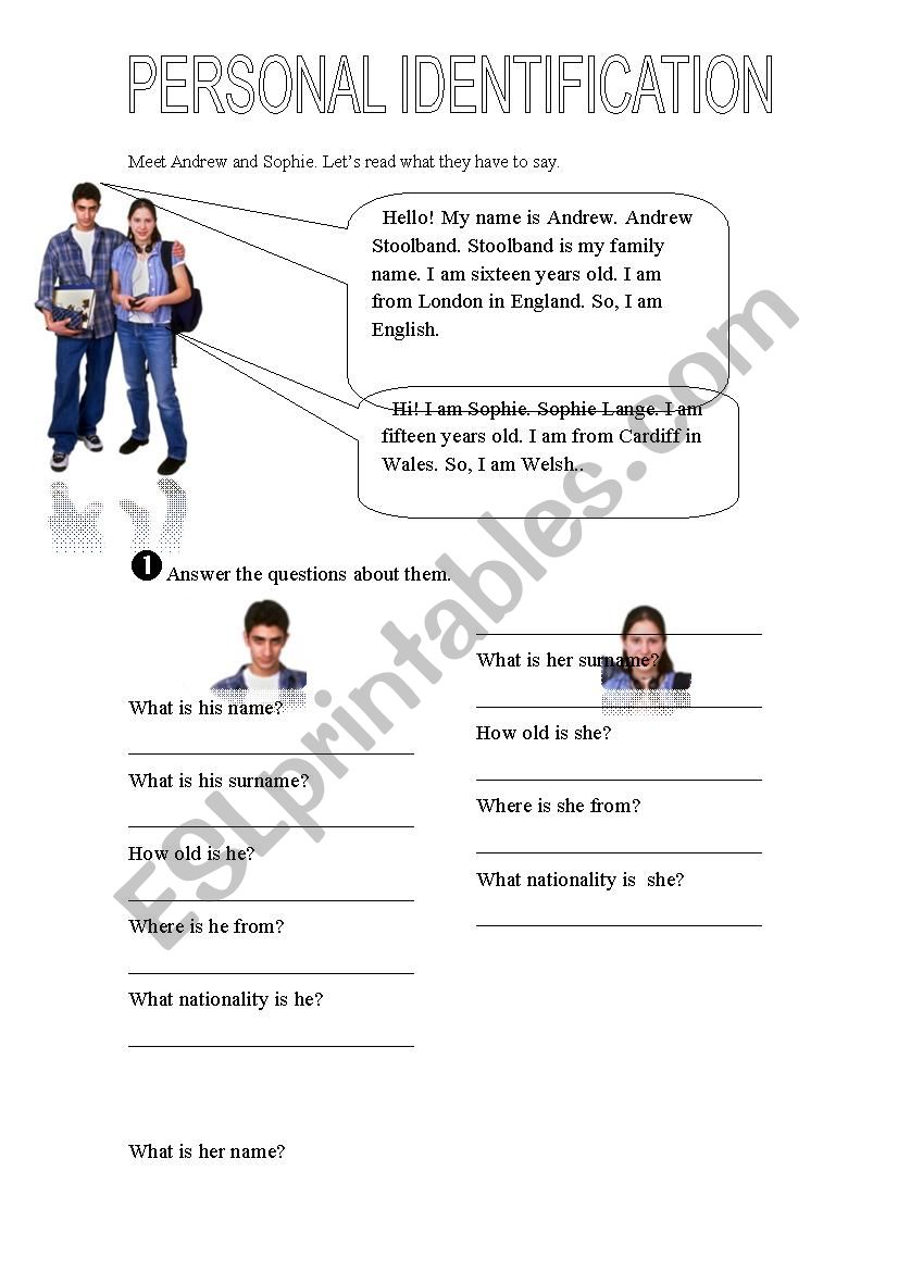 Personal Identification worksheet