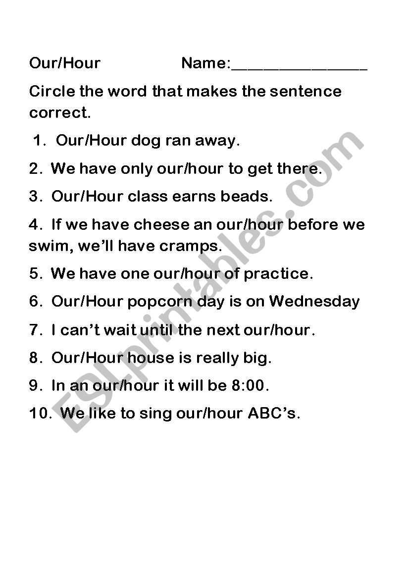 Which Hour/Our is correct? - ESL worksheet by MissMine