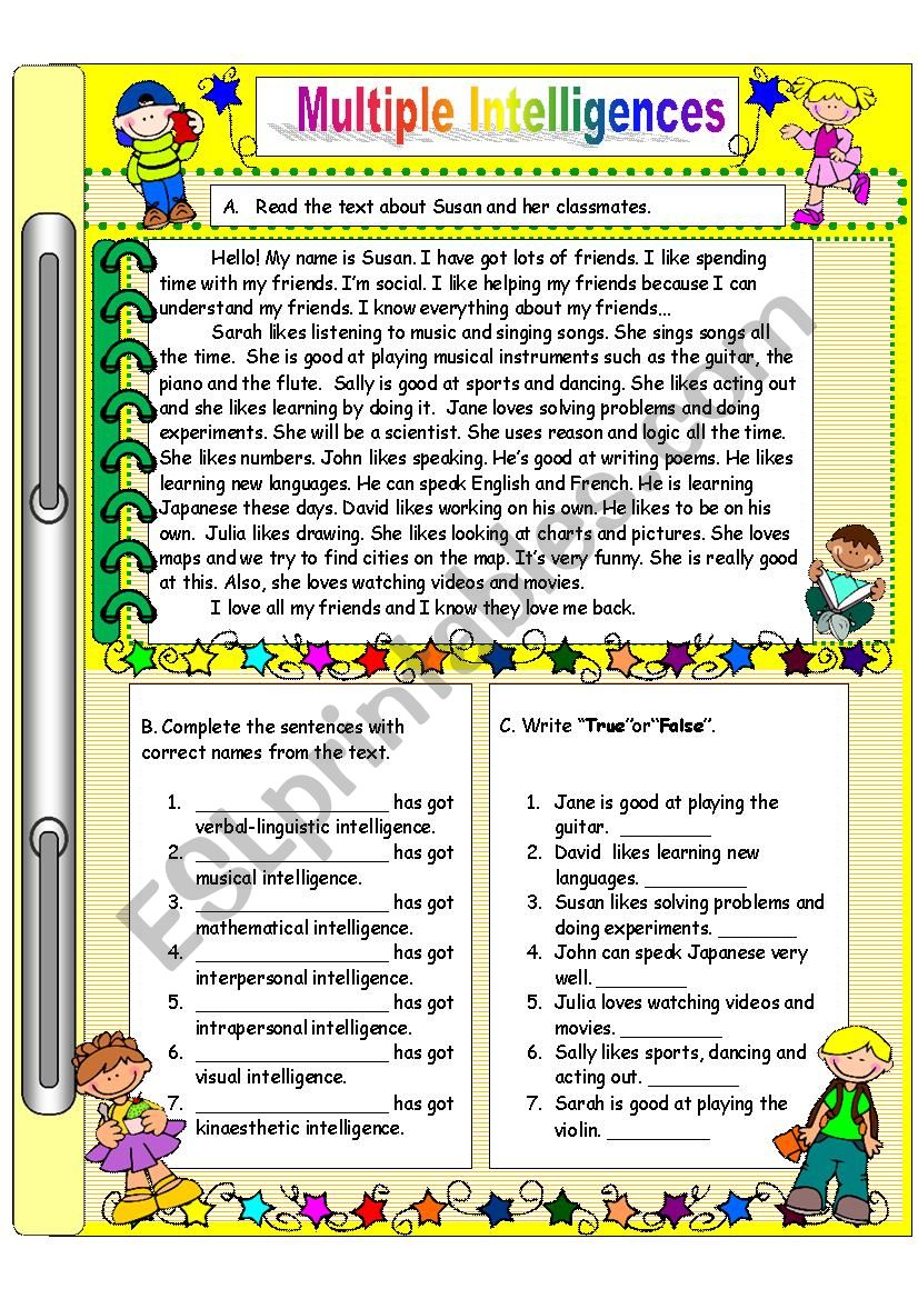 Multiple Intelligences Worksheet Worksheets For Kindergarten