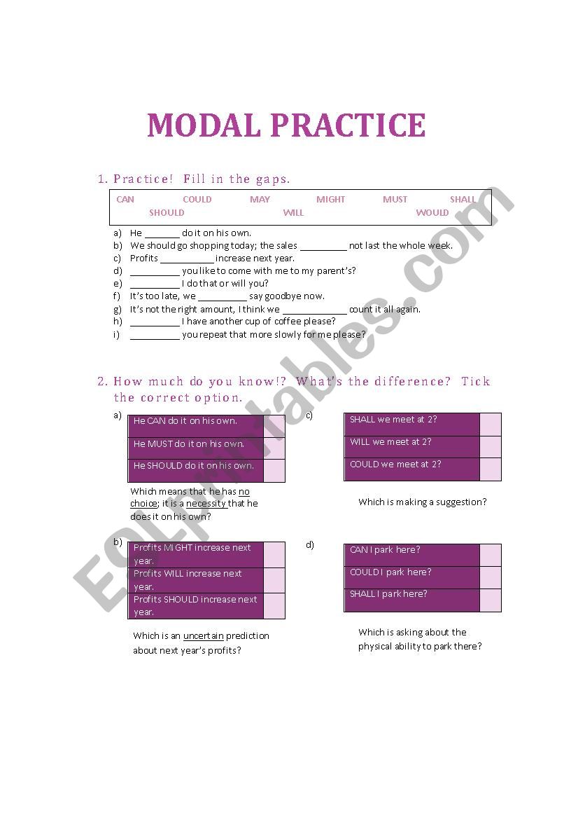 Advanced Modal Practice worksheet