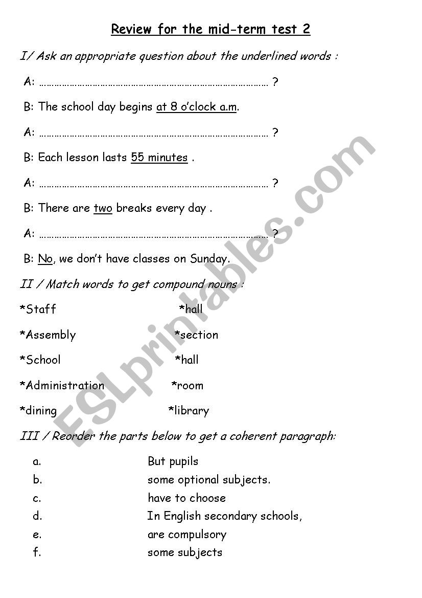 Mid-term test review worksheet