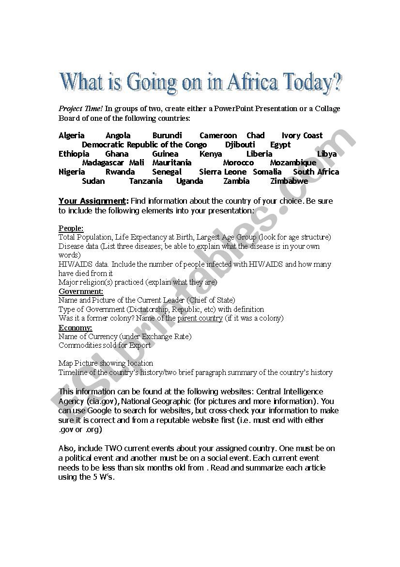 Africa Today Project worksheet