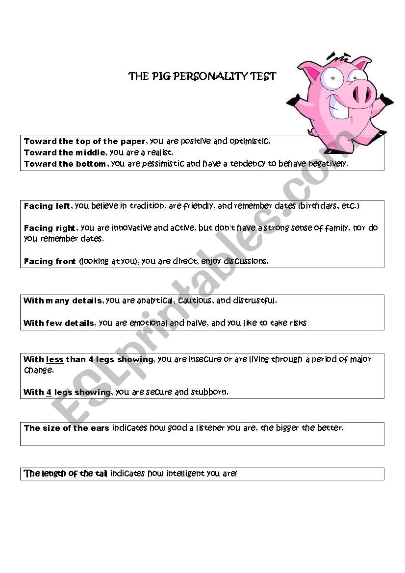 Pig personality test ESL worksheet by carolinbedard