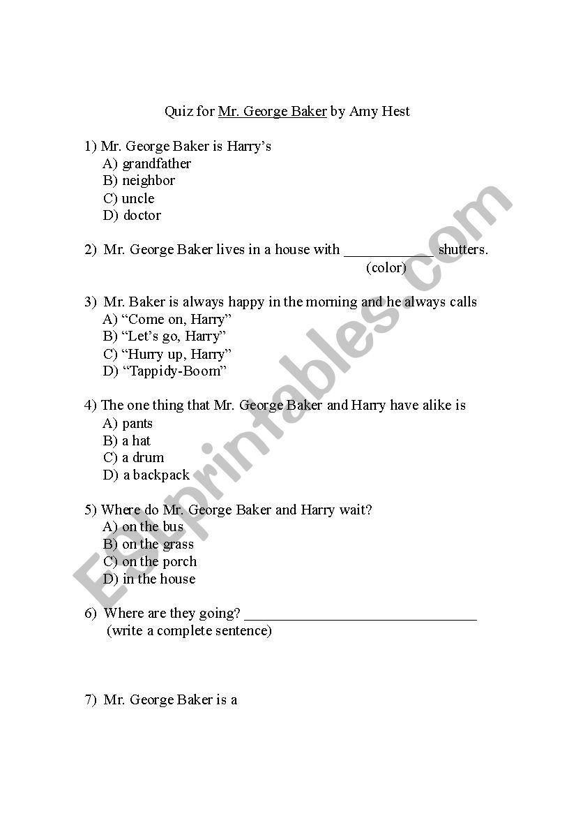 Quiz for Mr. George Baker worksheet