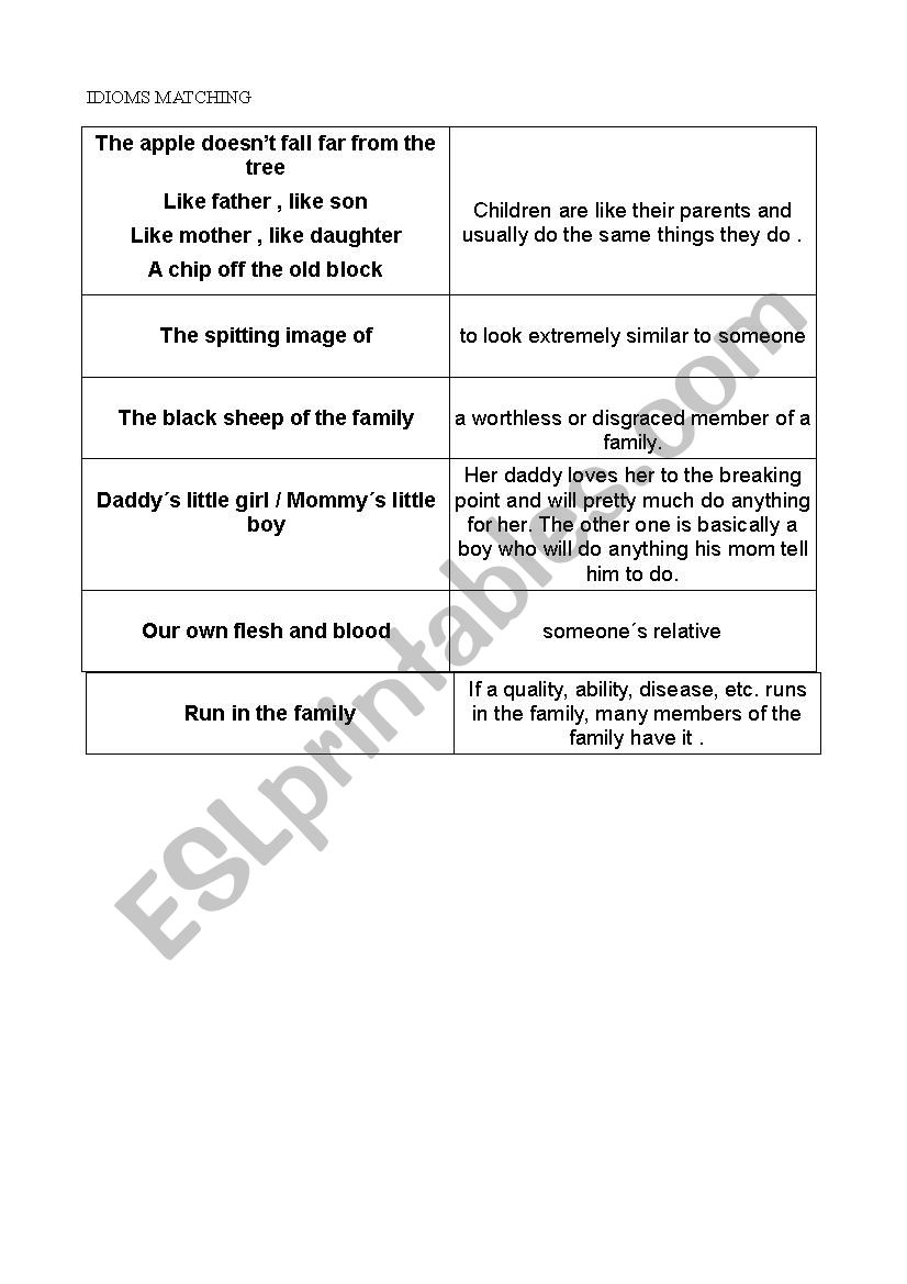 FAMILY IDIOMS worksheet