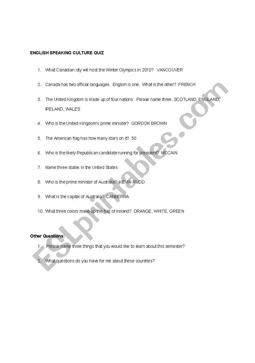 Culture Quiz worksheet