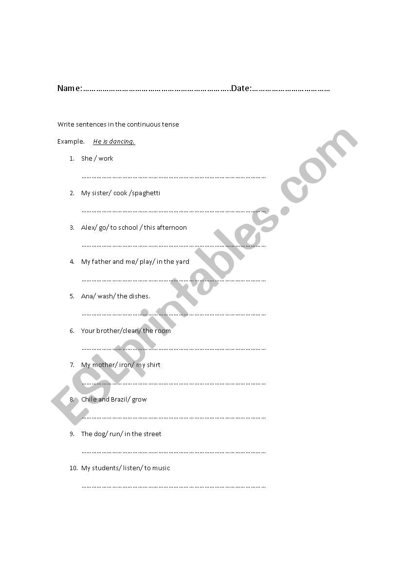 Writing continuous worksheet