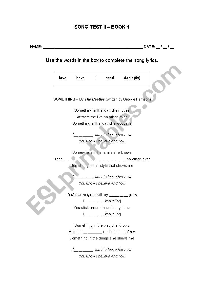 Song Exercise worksheet
