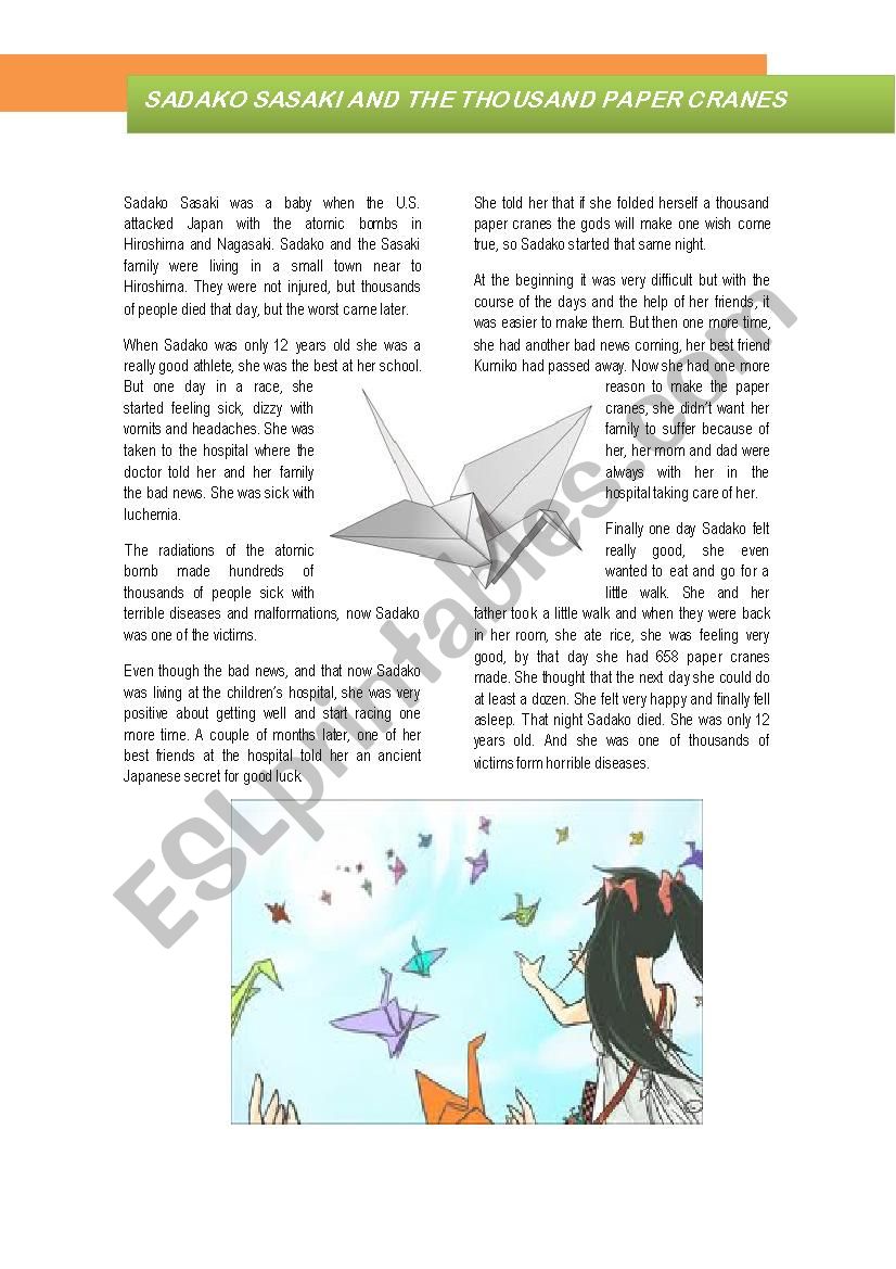 Sadako Sasakis Story worksheet